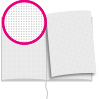 Notizbuch DIN A4 hoch, Umschlag: Hardcover 4/0-farbig, Inhalt: 128 gepunktete Inhaltsseiten inkl. Abrissperforation (1 cm vom Bund)